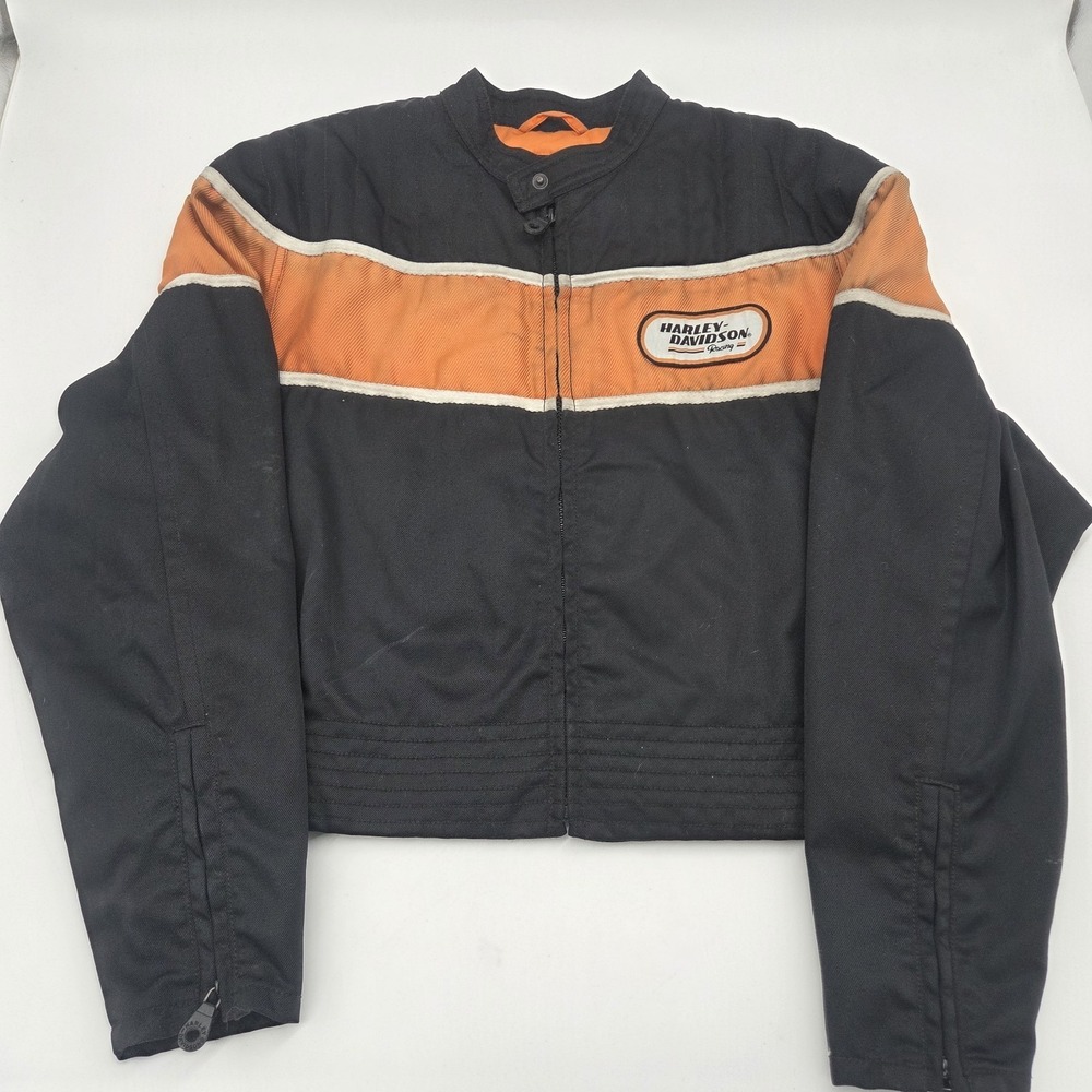 Harley Davidson Womens Moto Jacket Logo Black Orange Crop Zip Front Pockets Sz L